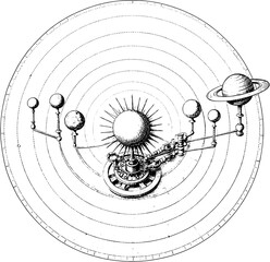 Vintage Orrery Top View Illustration – Solar System Engraving Diagram on White Background © Stefanina