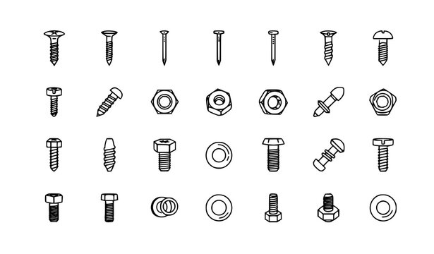 Scattered fastener vector icons with screws bolts nuts rivets nails in flat line style isolated on white background