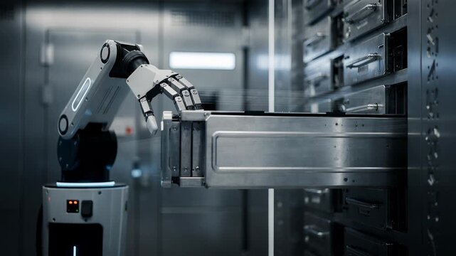 Compact robot in medium shot rearranging cash cassettes during night restocking sharp focus on robot movement with blurred futuristic vault setting behind.