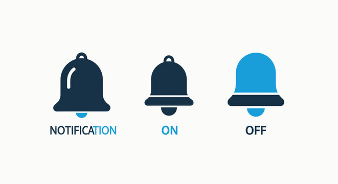 Set of bell notification icons illustrating alert states, on and off toggles for digital services, app settings, and system messages in a clean graphic design