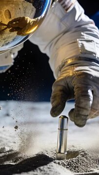 Astronaut pressing probe into lunar regolith, sampling and ejecting dust, visor showing footprint