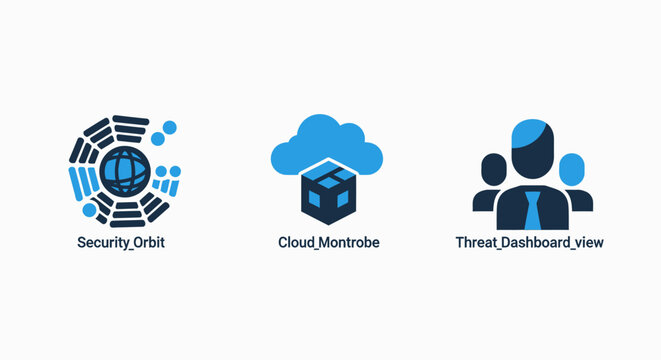 Global security data, cloud network infrastructure, and team dashboard view vector icons