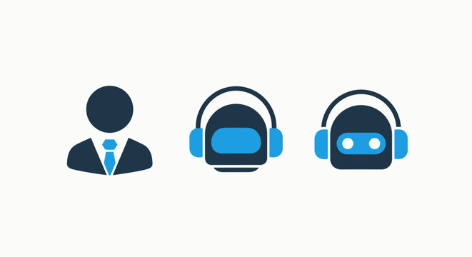 Customer support and artificial intelligence icons: business professional, headset communication, and AI assistant concepts
