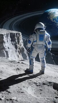 Vertical video: Panning camera showing suited astronaut scouting lunar rim, ringed orb, copy space