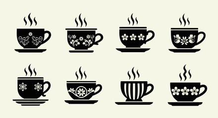 Fototapeta premium Vintage floral coffee cup collection featuring ornate flower patterns and traditional saucer shapes in black silhouette style for classic tea house menu design