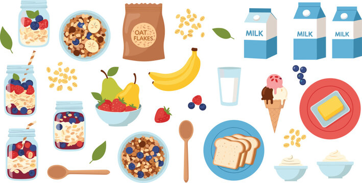 Healthy Breakfast Ingredients Set with Oats Milk Fruits and Bread, Nutrition Food Collection for Diet, Cooking, and Morning Meal Illustration Design