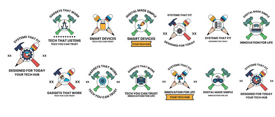 Fototapeta premium Ten distinct logo designs featuring crossed hammers and axes