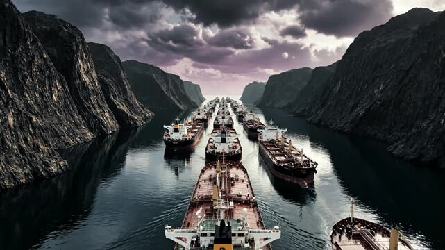 Crowded Fleet of Oil Tankers Navigating Narrow Maritime Chokepoint Under Stormy Sky
