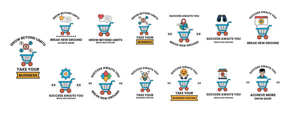 Fototapeta premium Cartoon characters with shopping carts smile cheerfully