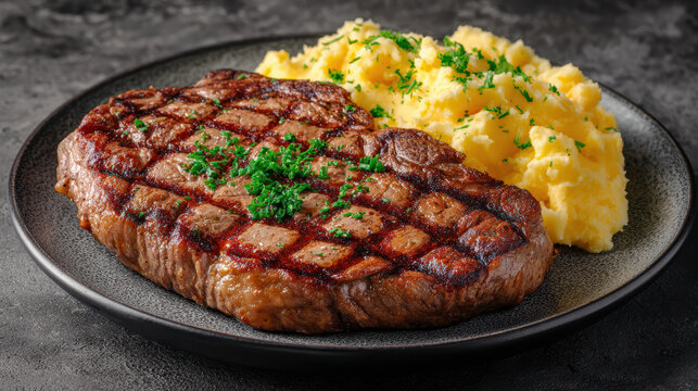 Grilled steak mashed potato parsley garnish comfort dinner with charred grill marks creamy texture savory plating