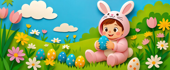 Obraz premium 3D paper cut style illustration of a cute toddler wearing a pink bunny costume sitting in a vibrant spring meadow. holding a blue polka dot egg 
