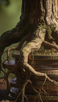 Tree root growing, extending past coins in environment, rootlets wrapping coins seeking nutrients