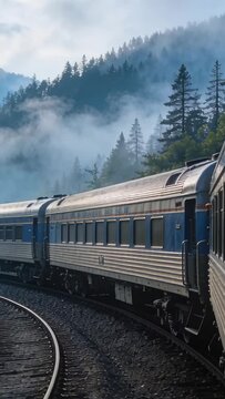 Moving silver-blue passenger train rounding left-curving mountain rails, with fog and conifers