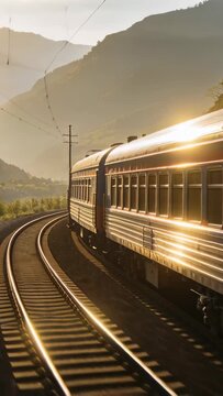 Vertical video: Engine driving train rounding valley curve animated map showing glints transit