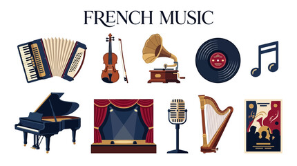 Illustration of French music elements including instruments stage and icons © zyaa
