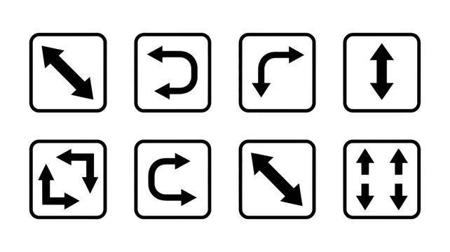 A collection of black arrow icons representing various directions and movements in square frames.