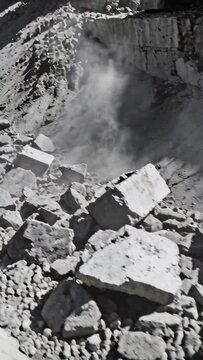 Vertical video: Rockfall striking rubble, kicking dust, shifting blocks for safety audit