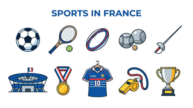 Illustration of various sports equipment and symbols associated with French sports