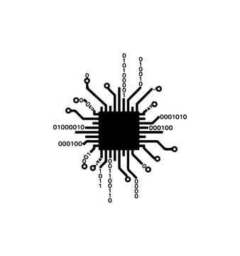 Silhouette of a microchip with binary code and circuit board connections