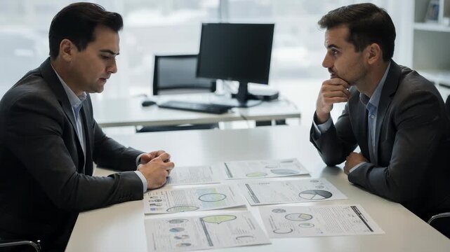 Auto financing consultation with banker highlighting interest rates on printed forms client listening intently while computer and chair fade out of focus.