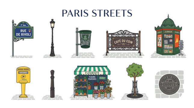 Illustrations of ten distinct Parisian street elements and fixtures set against a white background