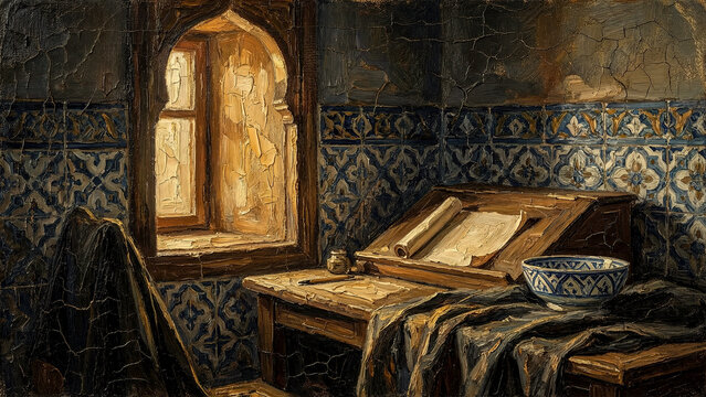 Ottoman Scribe of Topkapi Antique Iznik Bowl and Reed Pen Materic Oil Painting Still Life