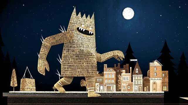 Giant Monster Whimsical Creature in Urban Landscape: Nighttime Adventure in Cartoon Style Illustration Art
