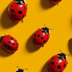 Obraz premium Seamless pattern with red ladybug on yellow background. Repeating print design of cute insect beetle. Nature wallpaper for fabric, textile, stationery, wrapping paper and web decorative.