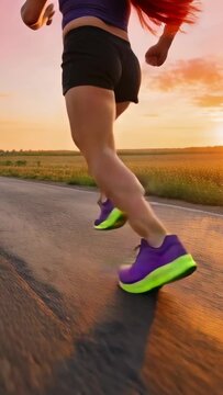 Vertical video: Running woman sunset-prompted keeping pace on rural road, black shorts purple shoes