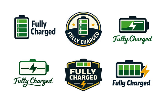 Fully charged battery logos with energy symbol variations