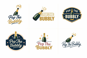 Fototapeta premium Pop the bubbly logos with champagne bottle and elegant typography