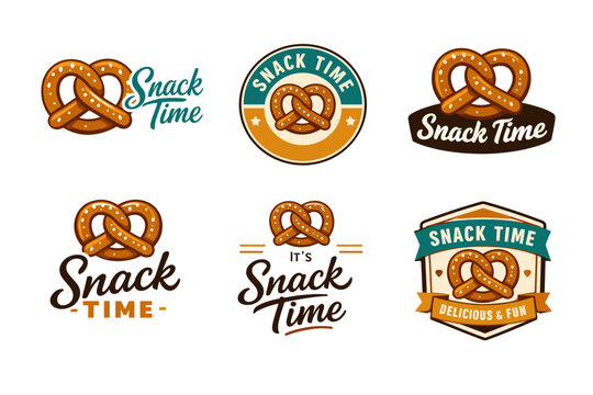 Variety of snack time pretzel logos with creative typography and design elements