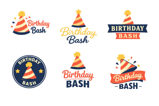 Colorful birthday bash logos with party hat and confetti designs