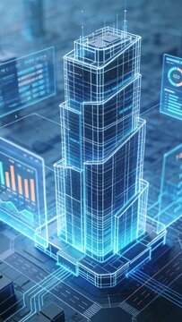 Starting scan, holographic skyscraper wireframe initializing over city block with analytics panels