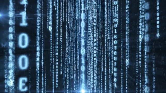 Abstract digital stream of binary code cascading down in a futuristic blue technological concept