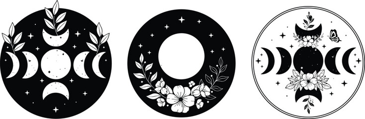 Set of circular celestial moon phase illustrations with botanical flowers and stars for mystical boho branding spiritual magic and esoteric graphic design projects © Itz  Parvin