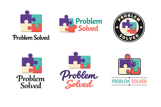 Collection of colorful puzzle piece logos with 'problem solved' text