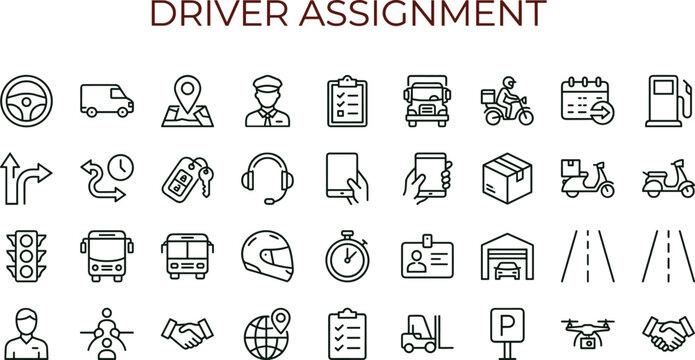 Driver assignment outline icon set featuring fleet navigation scheduling delivery interface symbols for transportation management applications