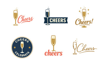 Fototapeta premium Cheers celebration icons set with champagne glasses and text designs