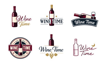 Naklejka premium Collection of wine time logos featuring bottles and grapes