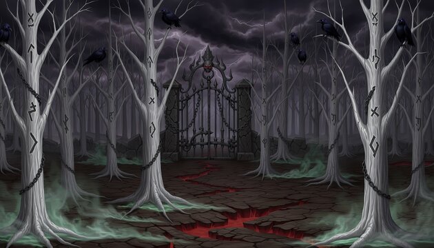 haunted forest with iron gate and blood on ground at night