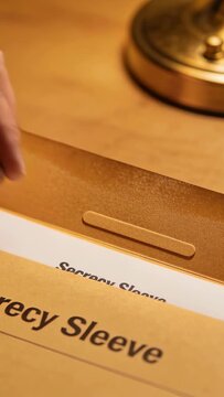 Vertical video: Pulling Secrecy Sleeve from brown envelope at desk, hand appearing revealing text