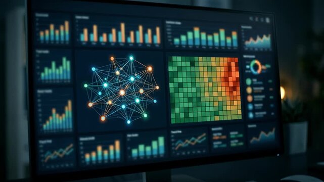 Close medium shot of an automated credit risk dashboard featuring alternative data sources with main charts crisp and secondary elements subtly blurred.