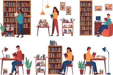 Diverse People Reading Books in a Cozy Library or Bookstore with Large Bookshelves Carts and Study Tables for Education Literacy and Knowledge Concepts © MSTNusrat