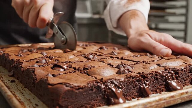 A baker meticulously slices a freshly baked pan of rich, decadent chocolate brownies, revealing their warm, gooey interior for a perfect indulgence, embodying the joy of homemade goodness