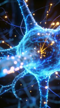 Pulling camera back revealing glowing neuron soma pulsing orange sparkles along projections in CGI