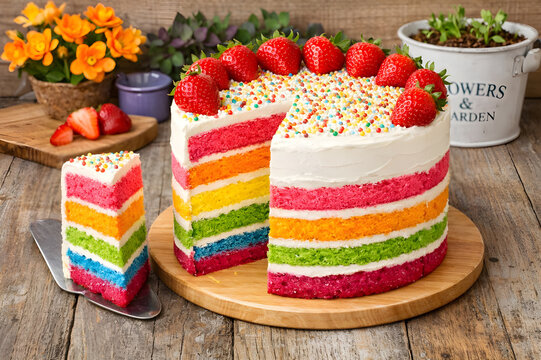 Rainbow layer cake with white frosting, fresh strawberries, and colorful sprinkles on a rustic wooden table.