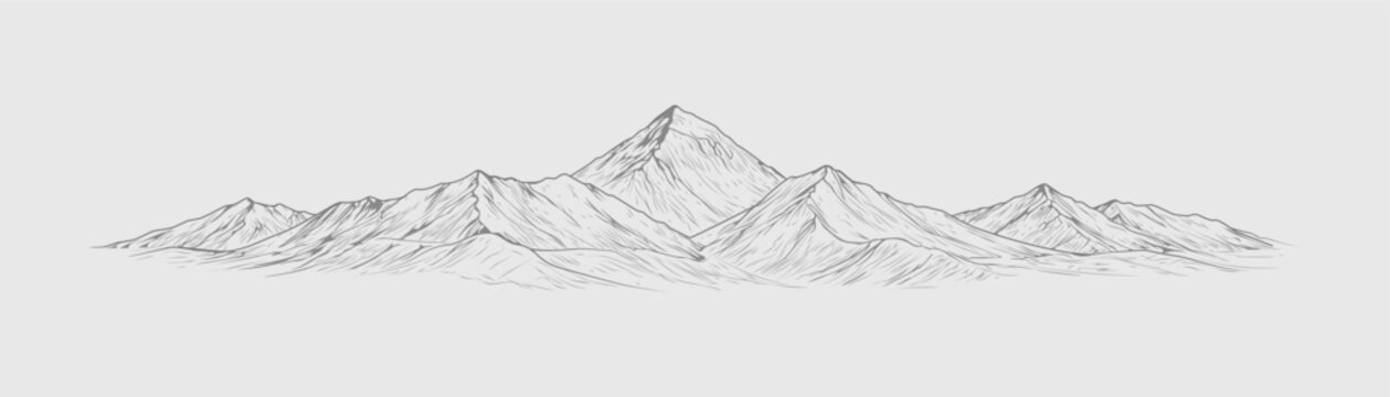 Mount Everest panoramic mountain range line art wide Himalayan skyline Nepal vector