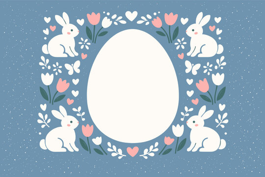 Easter background with bunnies, tulips, hearts, and an egg on blue speckled background