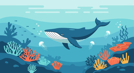 Obraz premium Vibrant Underwater Scene with Blue Whale, Jellyfish, and Coral Reefs
